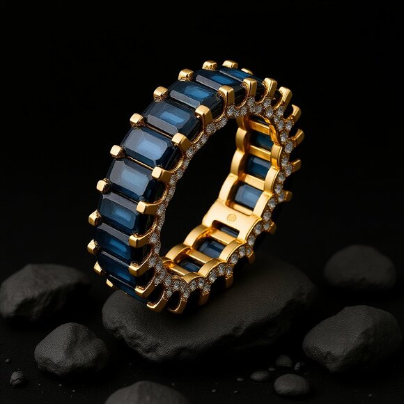 Emerald-Cut Royal Blue 14K (18k upon request) Yellow Gold Sapphire Eternity Ring - Picture 4 of 6